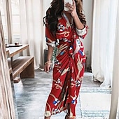 cheap Elegant Floral Dresses-Women&#039;s Midi Dress Casual Dress Floral Dress Classic Modern Outdoor Vacation Daily Regular Fit Flower Long Sleeve V Neck Red Blue Khaki Summer