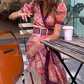 baratos Vestidos Estilo Boho-Mulheres Vestido Longo Vestido Maxi Vestido casual Vestido Swing Vestido Boho Moda Ao ar livre Festa Feriado Normal Flor Manga Curta Decote V Rosa Verão