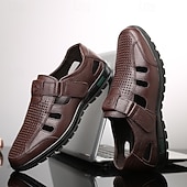baratos Sandálias de vestir-Men's Sandals Walking Casual PU Leather Breathable Comfortable Slip Resistant Buckle Black Brown Summer Spring Fall
