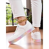 baratos Ténis de mulher-Tênis feminino branco e rosa com plataforma de glitter arco-íris, calçado casual com cadarço para uso diário e encontros