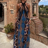 tanie Sukienki boho-Damskie Długa sukienka sukienka maxi Codzienne sukienki Sukienka na ramiączkach Moda Na zewnątrz Impreza Święto Regularny Geometryczny Bez rękawów W serek Niebieski Lato