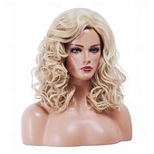 economico Parrucche storiche-Parrucche sintetiche bionde per donne, parrucca lunga e ondulata, traspirante, senza cappuccio, resistente al calore, per cosplay anni &#039;70 e &#039;80, per Halloween, da indossare tutti i giorni