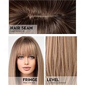 economico Parrucche trendy sintetiche-parrucche lunghe e lisce per donne con frangia a strati, parrucche sintetiche biondo cenere con radici scure per donne