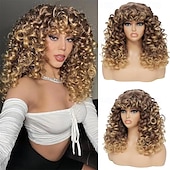 voordelige Historische pruiken-Krullende Pruik Grote Krullende Pruiken voor Witte Zwarte Vrouwen 20 Inch Lange Krullende Afro Pruik met Pony Synthetisch Haar Vervangingspruiken voor Cosplay en Dagelijks Ombre Blonde Halloween
