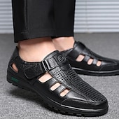 baratos Sandálias de vestir-Men's Sandals Walking Casual PU Leather Breathable Comfortable Slip Resistant Buckle Black Brown Summer Spring Fall