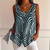 billige Stripe og geometrisk tank topp-Dame Camisole Tank Top Grafisk Stripet Elegant Fritid Ermeløs V-hals Vanlige topper Daglig Ferie Knapper Trykt mønster Gul Rosa Blå Grå Sommer Vår