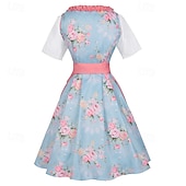 ieftine Dirndl-Rochie de dirndl cu flori pentru femei cu șorț roz și bluză pentru festivalul de bere Oktoberfest Wiesn