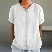 abordables Chemises-Chemisier en coton et lin pour femme, couleur unie, élégant, décontracté, manches courtes, col en V, régulier, quotidien, vacances, plissé, noir, blanc, rose, violet, vert, été