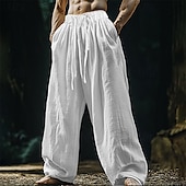 cheap Retro-Men&#039;s Linen Pants Trousers Summer Pants Beach Pants Pocket Drawstring Elastic Waist Plain Comfort Breathable Vacation Daily Holiday Hawaiian Boho Black White
