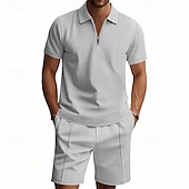 voordelige Klassieke polo voor heren-Voor heren Wafel Poloshirts Polo met kwartrits Dagelijks Feestdagen Revers Korte mouw Modieus Basic Effen 2-stuks Zomer Normale pasvorm Zwart Wit Marineblauw Koningsblauw Groen Khaki Wafel Poloshirts