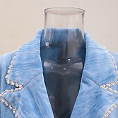cheap Mom&#039;s Pant Suits-Blue Velvet Pantsuit Mother of the Bride Suit Elegant Minimalist Notched Lapel Floor Length Long Sleeve with Pearls