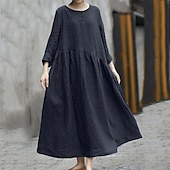 abordables robes imprimées en coton et lin-Femmes Robe Midi Robe en coton et lin Classique Moderne Extérieur Vacances Fête Coupe régulière Uni manche longue Col ras du cou Noir Rouge Vert Été