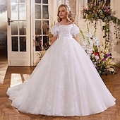 baratos tutus infantil-Vestido de Menina das Flores para Quinceanera Comprido de Tulle com Estilo Real e Corte Príncipe para Meninas de 3 a 16 Anos