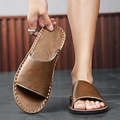 billiga Avslappnade sandaler-Herrsandaler i brunt konstläder med minimalistisk design och komfort, perfekt för vuxna, perfekt för avkoppling inomhus, vardagsbruk, hotellspa