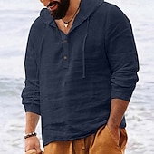 preiswerte Urlaub-Herren Hemd Leinenhemd Popover-Hemd Sommerhemd Strandbekleidung Kapuzenhemd Einfarbig Urlaub Straße Schwarz Weiß Marineblau Himmelblau Langarm Mit Kapuze Sommer Frühling Bekleidung