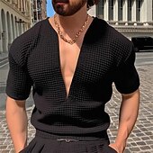 זול חולצות טריקו קז&#039;ואל לגברים-בגדי ריקוד גברים טי וופל חולצה קצרה טי שירטס חולצה עם שרוולים קצרים שרוולים קצרים V עמוק קיץ אחיד אופנתי מעצב בסיסי סרוג חופשה רחוב ליציאה שחור אדום כחול נייבי חולצה עליונה לגברים