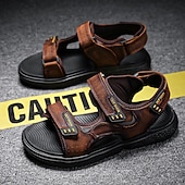 cheap Outdoor Sandals-Men&#039;s Brown Faux Leather and Mesh Sport Sandals with Dual Buckle Straps – Durable Outdoor Sandals for Hiking, Beach or Vacation Wear