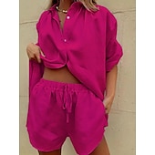 abordables Ensembles-Femmes Actif Basique Ensembles en coton et lin Manche Courte Col de chemise Couleur Unie Décontracté Quotidien Vert Véronèse bleu marine Vert foncé Été Coupe régulière