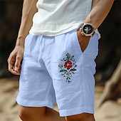 baratos Retrô-Homens Calção Shorts de linho Shorts de verão Shorts de praia Com Cordão Cintura elástica Gráfico Flores Respirável Macio Comprimento do joelho Ao ar livre Casual Diário Férias Roupa de rua Preto