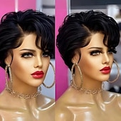 abordables Perruques à dentelle frontale-Perruque courte en cheveux humains avec dentelle frontale pour femmes noires, coupe Pixie, pré-épilée, avec cheveux de bébé