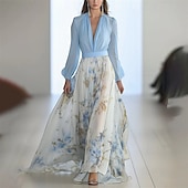 preiswerte Elegante Blumenkleider-Damen Langes Kleid Maxikleid Freizeitkleid Blumenkleid Elegant Mode Romantisch Outdoor Ferien Date Normale Passform Blume Langarm V Ausschnitt Weiß Blau Sommer Frühling