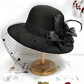 cheap Party Hats-Vintage Fedora Bucket Hat with Removable Mesh Flowers Feathers Elegant Ladies Bowler Hat Winter Warm Wide Brim Church Derby Hat for Wedding Race Banquet
