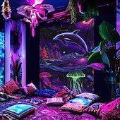 お買い得  ブラックライトタペストリー-ブラックライトタペストリー 輝く暗闇 輝くパーティー UV反応 動物 海のイルカ トリッピー ミスティ キノコ 自然の風景 壁掛けタペストリー 壁アート 壁画 リビングルーム 寝室用