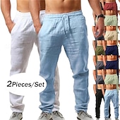 baratos Clássico-Pacote com 2 calças de linho masculinas, calças de verão, calças largas, calças de praia, cordão, cintura elástica, lisas, confortáveis, respiráveis, comprimento total, uso ao ar livre, diário, moda de férias, estilo clássico, branco + azul celeste