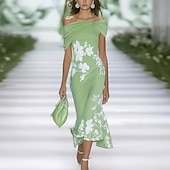 cheap Elegant Floral Dresses-Women&#039;s Midi Dress Floral Dress Elegant Fashion Outdoor Vacation Holiday Regular Fit Flower Short Sleeve Off Shoulder Black Light Green Light Blue Summer