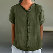 abordables Chemises-Chemisier en coton et lin pour femme, couleur unie, élégant, décontracté, manches courtes, col en V, régulier, quotidien, vacances, plissé, noir, blanc, rose, violet, vert, été