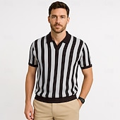 preiswerte Herren Elite Polo-Herren Polo Geschäft Lässig Umlegekragen Kurzarm Gitter Vertikale Streifen V-Ausschnitt Weich Sommer Frühling Herbst Kastanienbraun Dunkelblau Schwarz Dunkelkaffee Polo
