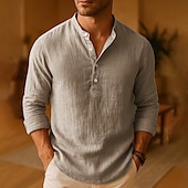 economico Camicie di lino-Per uomo Camicia Camicia di lino Camicia popover Camicia casual Camicia di cotone Semplice Vacanza Camicia hawaiana Rosa scuro Nero Bianco Cachi Manica Lunga Colletto alla coreana Primavera Autunno