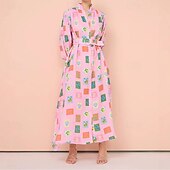 economico abiti stampati in cotone e lino-Per donna Abito Lungo Maxi Abito Abiti in cotone e lino Vestito Casual Moda All&#039;aperto Feste Ferie Vestibilità regolare Dipinto Manica Lunga Colletto a Camicia Rosa Estate