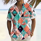 abordables Aves &amp; Animales-Hombre Bloque de color Flamenco Hoja de palma camisa hawaiana Abotonar la camisa Manga Corta Hawaiano Vacaciones Festivos Ropa de playa Verano Cuello Vuelto Impresión 3D Un bolsillo delantero Camisa