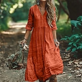 abordables Robes Bohémiennes-Femmes Robe Longue Maxi Robe Robes en coton et lin Robe Décontractée Robe bohème Mode Extérieur Soirée Fête Coupe régulière Uni manche longue Col en V Noir Vert Véronèse Orange Été