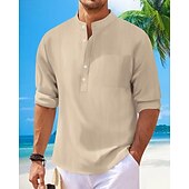 preiswerte Baumwoll-Leinenhemd-Herren Hemd Leinenhemd Popover-Hemd Freizeithemd Baumwollhemd Einfach Urlaub Hawaiianisch Schwarz Weiß Rosa Marineblau Langarm Stehkragen Frühling Herbst Bekleidung