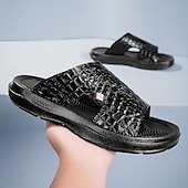 cheap Vacation Sandals-Men&#039;s Copper Faux Leather Slide Sandals with Embossed Crocodile Pattern and Black Cushioned Sole – Stylish Slip-On Sandals for Indoor Lounge, Poolside Relaxation, or Resort Wear