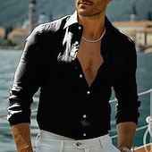 preiswerte Urlaub-Herren Hemd Leinenhemd Freizeithemd Knopfhemd Baumwollhemd Einfach Urlaub Hawaiianisch Schwarz Weiß Rosa Grau Langarm Revers Frühling Herbst Bekleidung
