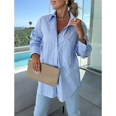 voordelige Dames Strepen &amp; Geometrische Tops-Dames Overhemd Bloemig Stijlvol Casual Lange mouw Overhemdkraag Normale tops Dagelijks Knop Zak Afdrukken Blozend Roze blauw Khaki Zomer Lente