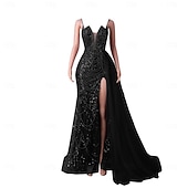 baratos CINZA-Sereia  Vestido de Noite Trompete Vestido Elegante Festa de Gala Traje de Corte Sem Mangas Alças Finas Com Lantejoulas e Pérolas