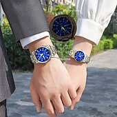 baratos Relógios Quartz-Conjunto de relógio de quartzo para casal, 2 peças – mostrador digital redondo, à prova d&#039;água ipx7, ponteiros luminosos, calendário duplo (data e dia), pulseira de liga, estilo empresarial unissex, ideal para encontros e presentes