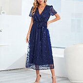 preiswerte Teelänge-A-Linie Kleid Brautmutterkleid Elegant V Ausschnitt Bodenlang Spitze Kurzarm mit Schärpe / Band Falten 2025