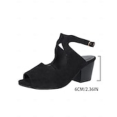 お買い得  ドレスサンダル-カットアウトデザインが施されたレディースのブラックスエードブロックヒールサンダル。カジュアルなデートや普段使いにぴったりのスタイリッシュなオープントゥのバックルストラップシューズ。