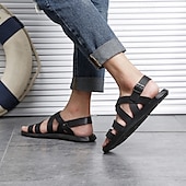 billige Uformelle sandaler-svarte minimalistiske sandaler i kunstskinn for menn - stilig design med kryssrem med spennelukking for fritidsklær om sommeren