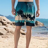 baratos Calções Elite Masculinos-Homens Calção Shorts de praia Bolsos Com Cordão Imprimir Gráfico Folha Árvore Respirável Secagem Rápida Comprimento do joelho Ao ar livre Férias Casa Férias Estilo Étnico Azul Céu Azul escuro