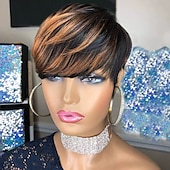 economico Parrucche di capelli veri senza cuffia-Capelli umani Parrucca Corto Liscio naturale Taglio corto spettinato Caschetto corto Riga laterale Taglio Scalato Naturale Designer Attaccatura Naturale Senza Cappuccio Capelli brasiliani Per donna
