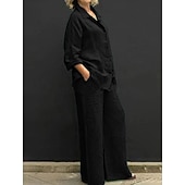 preiswerte Sets-Damen Aktiv Basic Baumwoll-Leinen-Sets Langarm Hemdkragen Einfarbig Alltagstauglich Schwarz Weiß Gelb Sommer Normale Passform