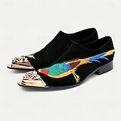 ieftine Mocasini din piele premium-Mocasini bărbătești din catifea brodată, cu design colorat cu păsări și vârf metalic – pantofi eleganti de lux, fără mâneci, pentru petreceri și nunți