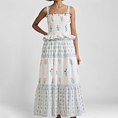tanie Sukienki boho-Damskie Sukienka midi Sukienka w kwiatki Sukienka Boho Sukienka z nadrukiem Moda Nowoczesny Na zewnątrz Urlop Święto Regularny Kwiat Bez rękawów Cienkie ramiączka Biały Rumiany róż Niebieski Lato