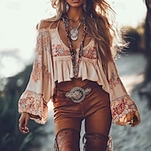 olcso Boho felsők-Női Western blúz Boho ing Blúz Virág Alkalmi Boho Hosszú ujj V-alakú Normál felsők Napi Szabadság Alkalmi Nyomtatott Arcpír rózsaszín Nyár